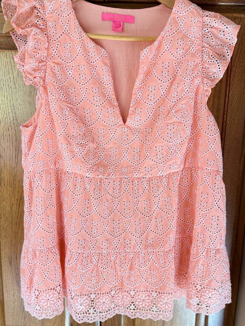 Lilly Pulitzer Coral Pink Eyelet Ruffle Blouse